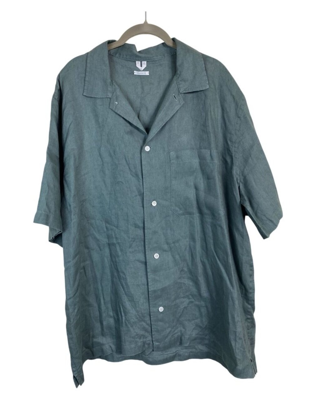 Arket Relaxed Fit Shirt Men size XL 100% Linen Button Up Short sleeve Teal Blue
